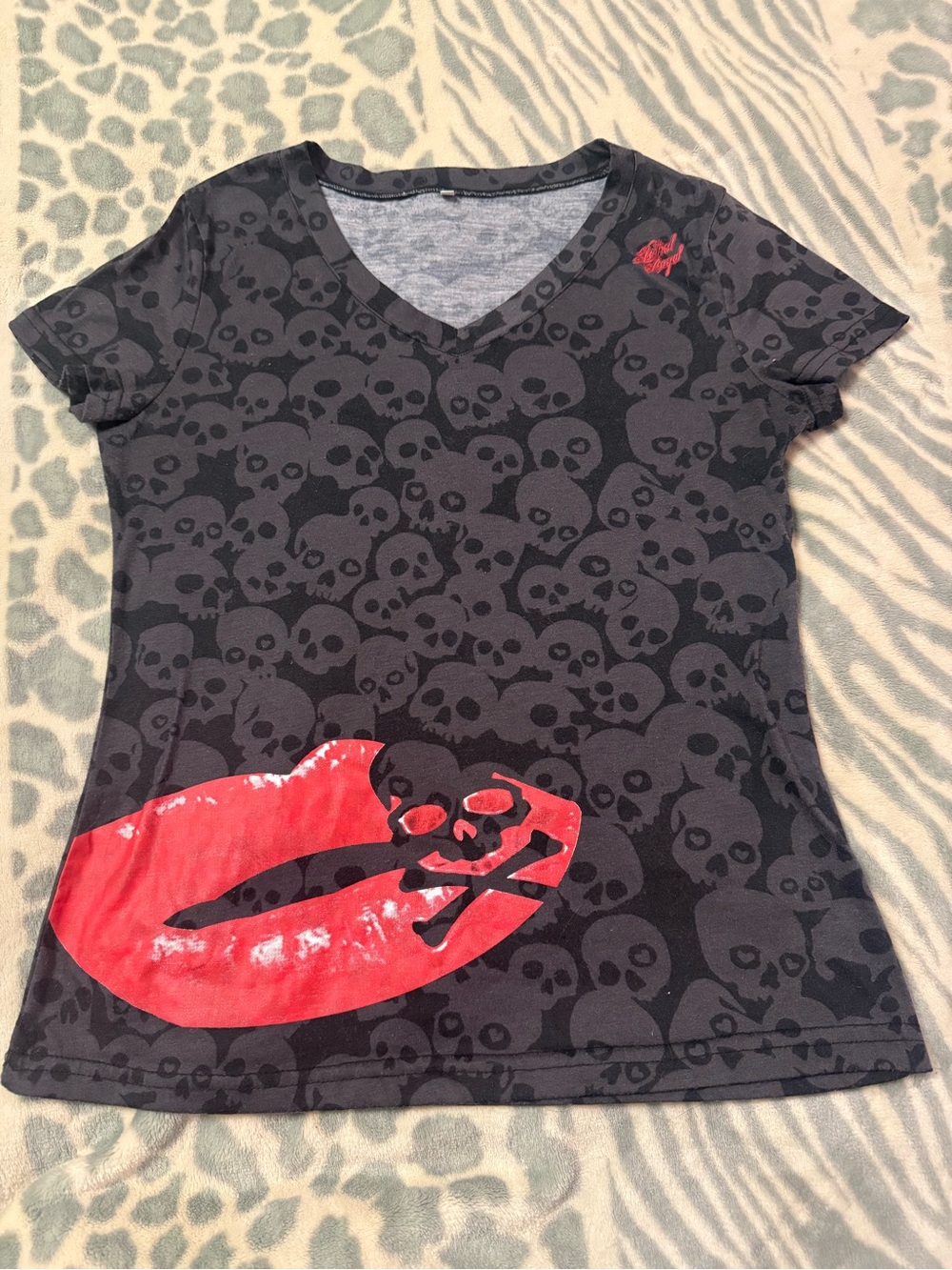 Lethal Angel Skull Lips Graphic V-Neck Tee Women’s Black Goth Biker Shirt